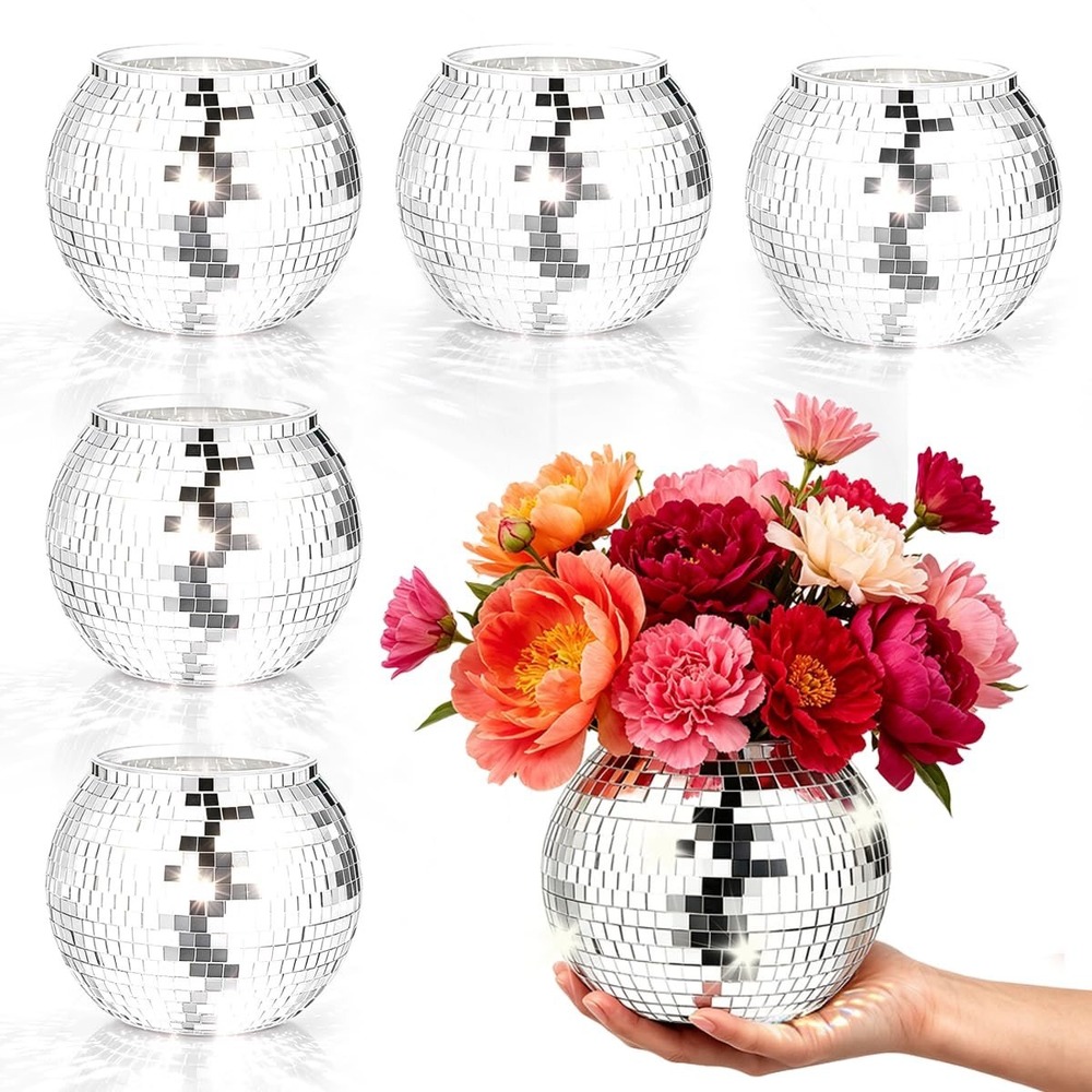 NWT 6 Pc Silver Disco Ball Mirror Vases Planters Wedding Centerpieces 4"